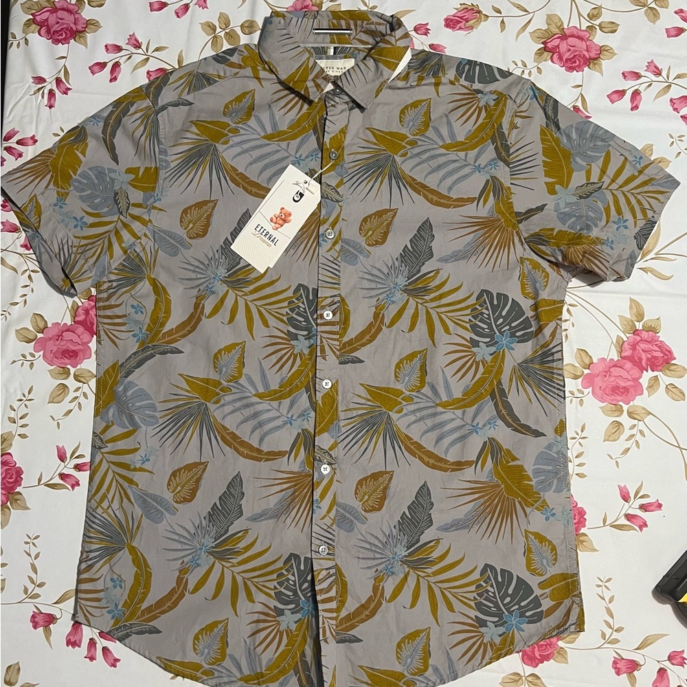 Cactus Man Gray and Brown Casual Button Down Shirt with Tropical Print